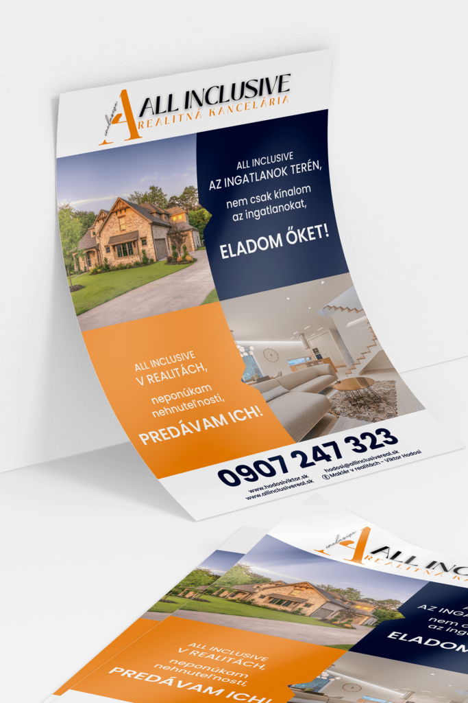 Letáky pre realitných maklérov All Inclusive Real – Letáky s dvojjazyčným dizajnom. Branding pre realitnú kanceláriu All Inclusive Real.